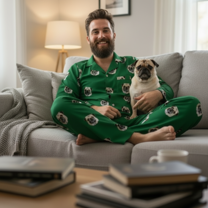 Man in green pajamas with a dog on a couch in a cozy living room.