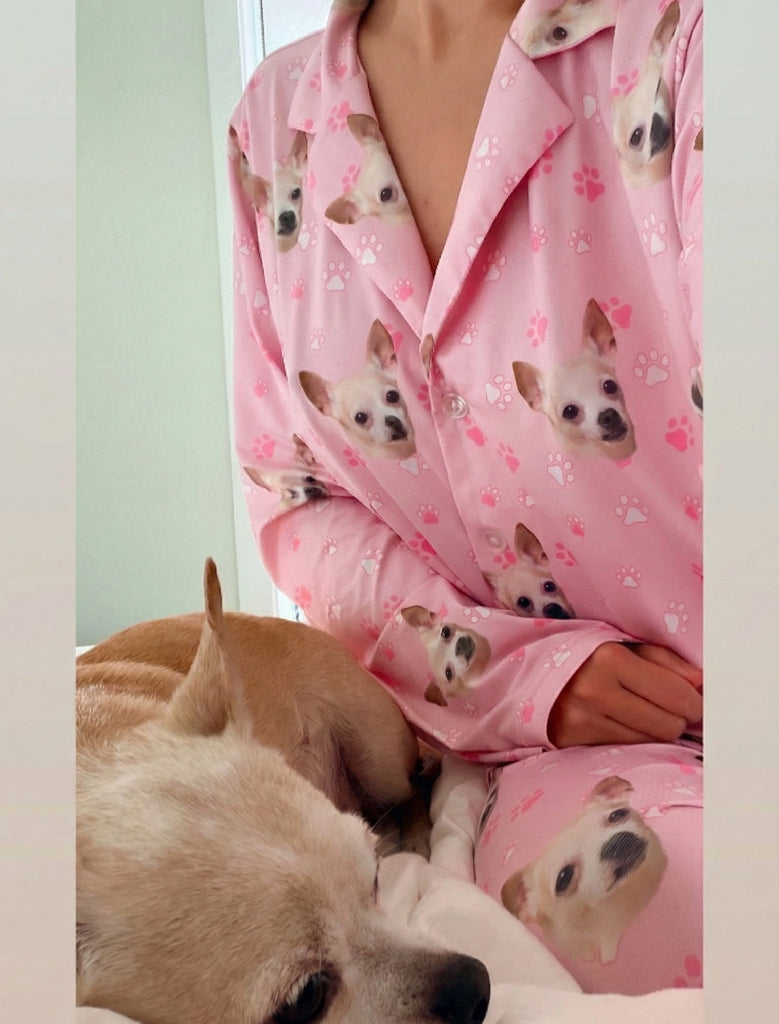 訂製寵物臉短袖睡衣和褲子 / 粉紅色爪印