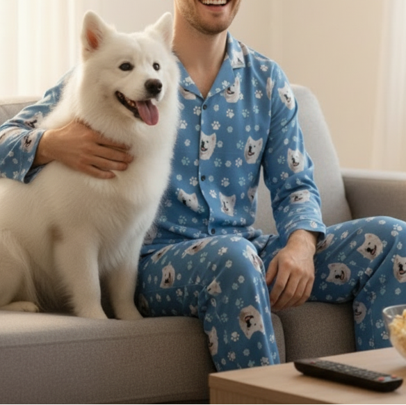 Man in blue pajamas with dog sitting on a couch in a cozy living room.