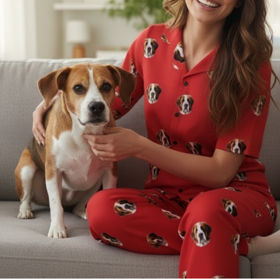 Woman in red pajamas with dog pattern sitting on a couch with a dog.