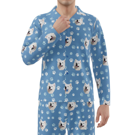 訂製寵物臉長袖睡衣和褲子 / 藍色 Pawz