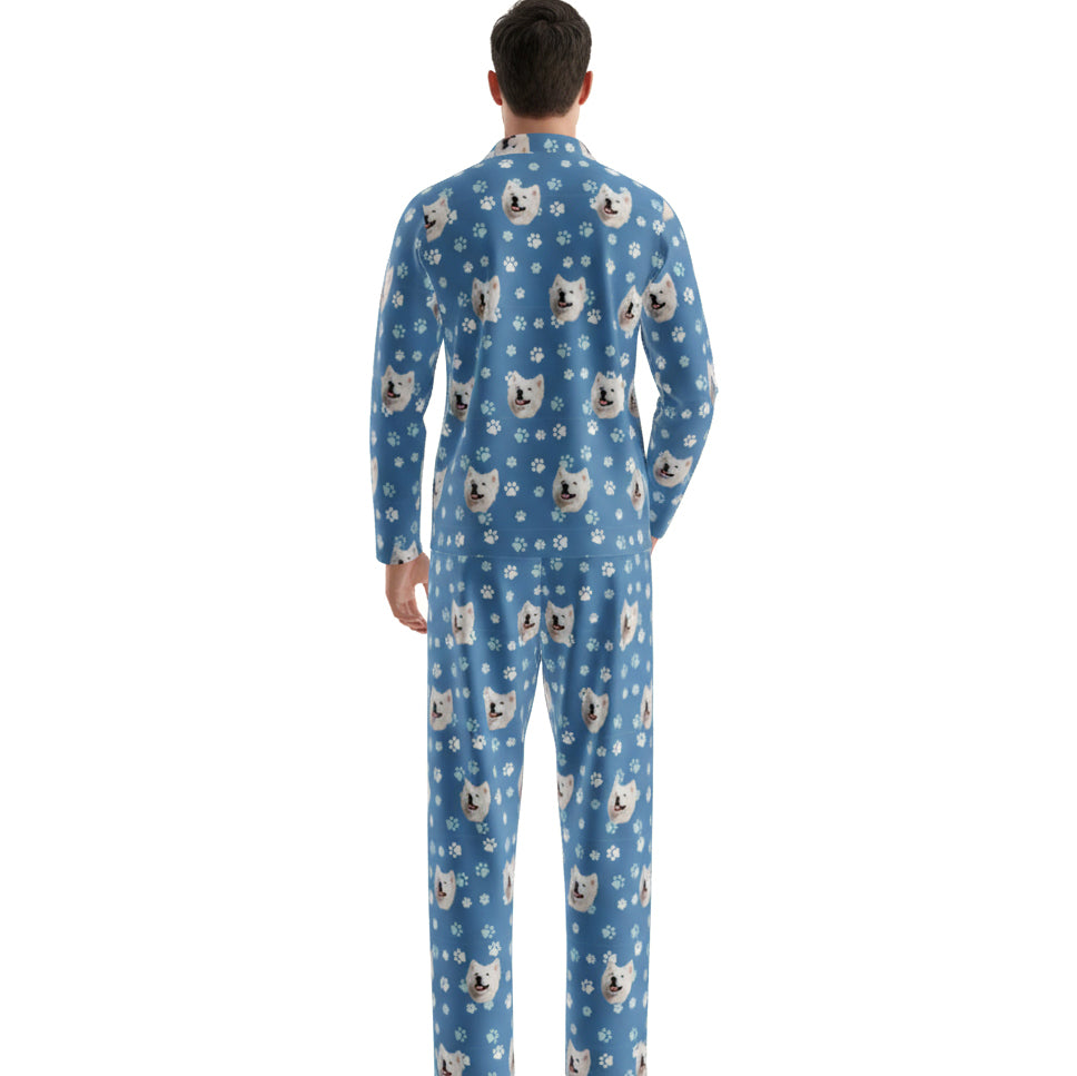 訂製寵物臉長袖睡衣和褲子 / 藍色 Pawz