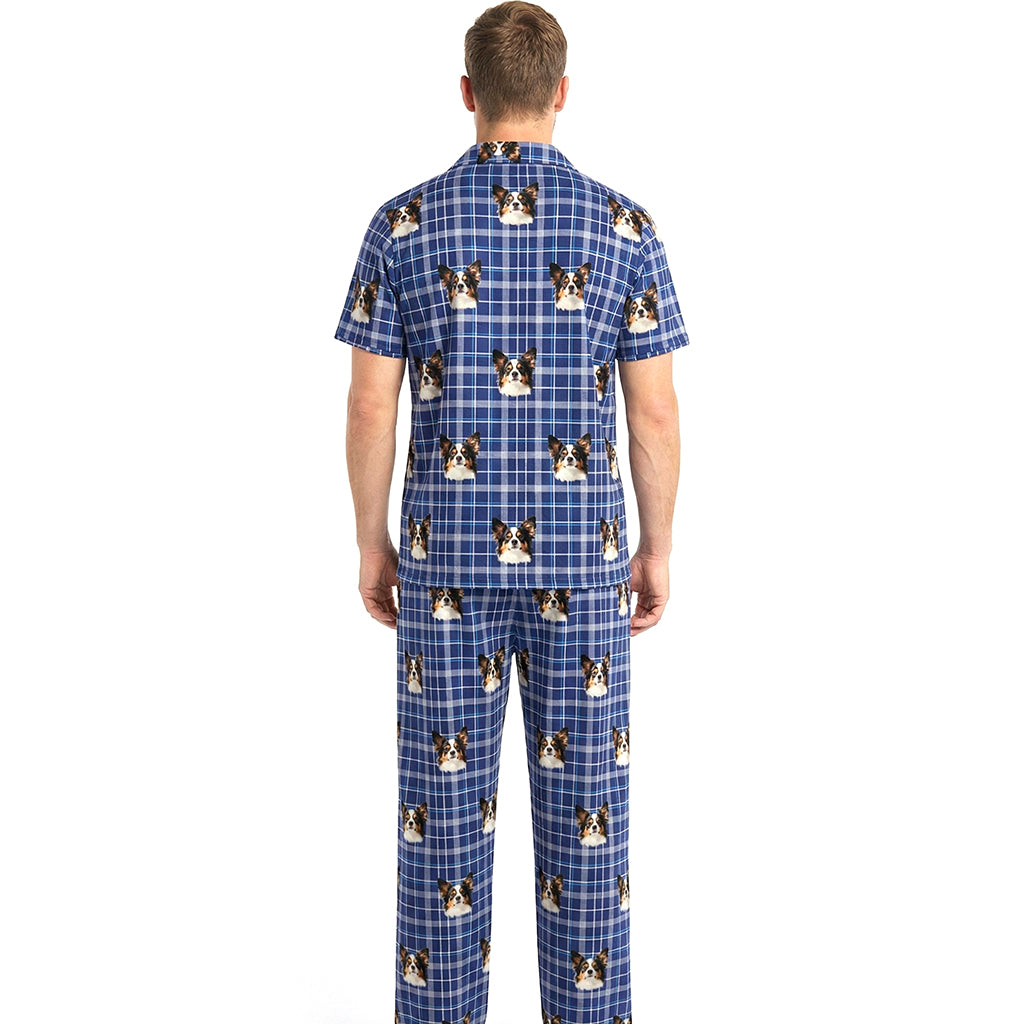 訂製寵物臉圖案短袖睡衣套裝/藍色方格