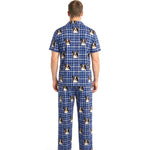 訂製寵物臉圖案短袖睡衣套裝/藍色方格