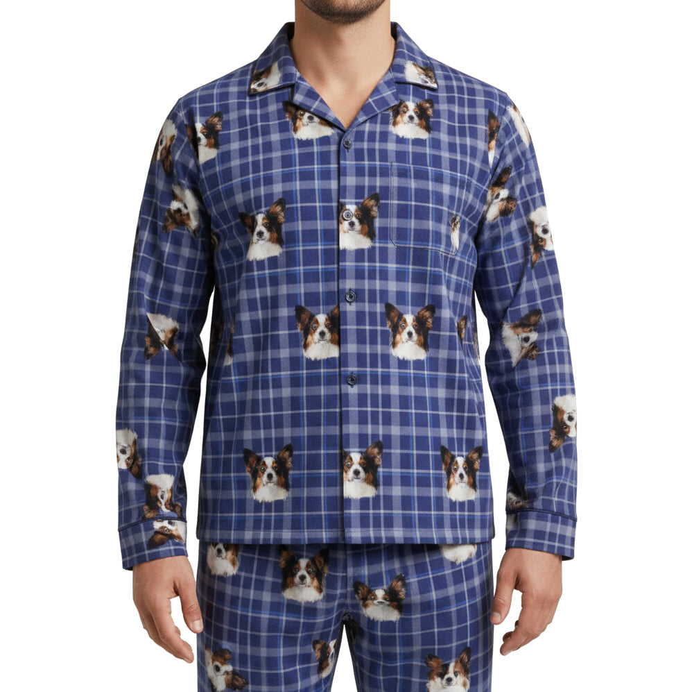 Custom Pet Face Long Sleeve Pajamas Shirt & Pants / Blue Square