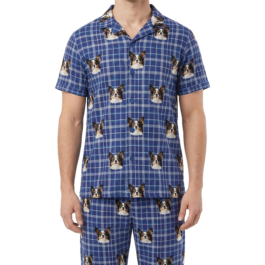 訂製寵物臉圖案短袖睡衣套裝/藍色方格