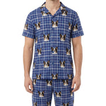 訂製寵物臉圖案短袖睡衣套裝/藍色方格