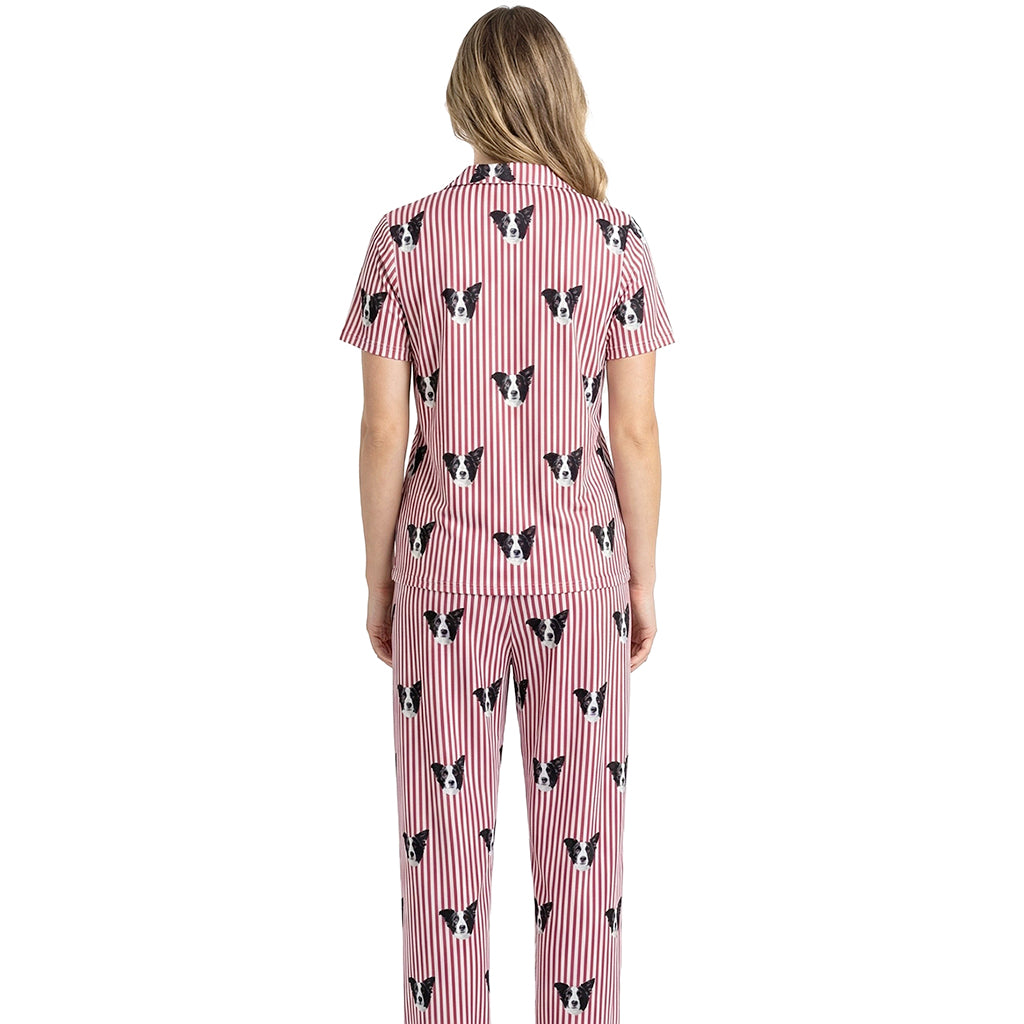 訂製寵物臉短袖睡衣套裝/棕色條紋