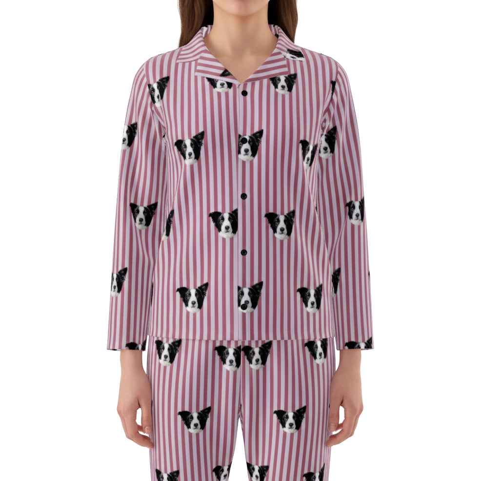 Custom Pet Face Long Sleeve Pajamas Shirt & Pants / Brown Lines