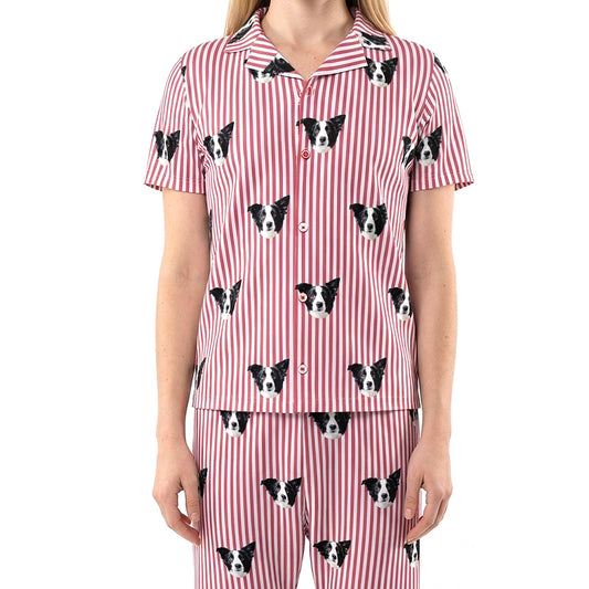 訂製寵物臉短袖睡衣套裝/棕色條紋