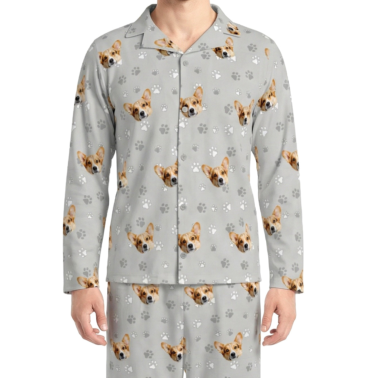 訂製寵物臉長袖睡衣和褲子 / 灰色 Pawz