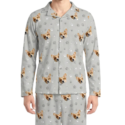 訂製寵物臉長袖睡衣和褲子 / 灰色 Pawz