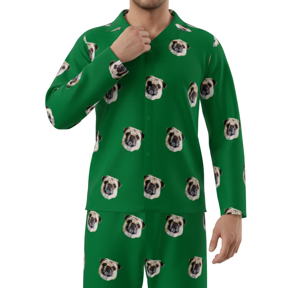 Custom Pet Face Long Sleeve Pajamas Shirt & Pants / Green
