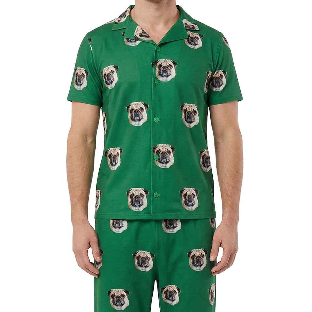 客製化寵物臉圖案短袖睡衣套裝（綠色） 