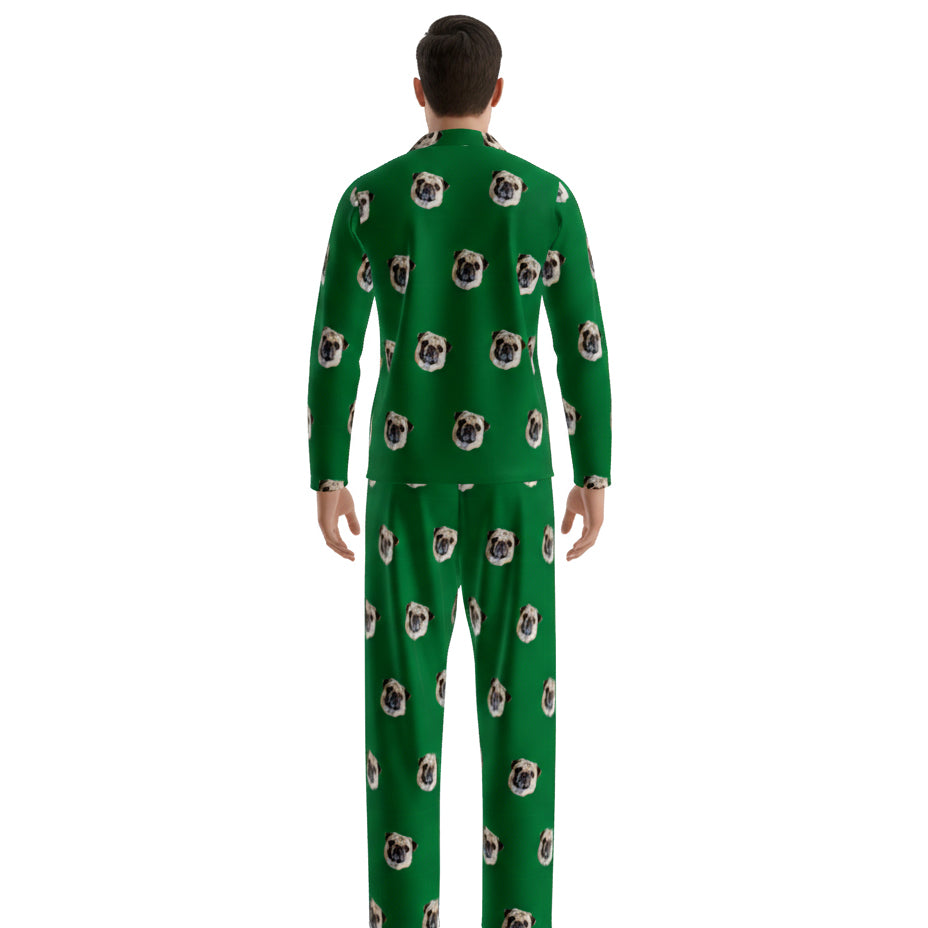 Custom Pet Face Long Sleeve Pajamas Shirt & Pants / Green