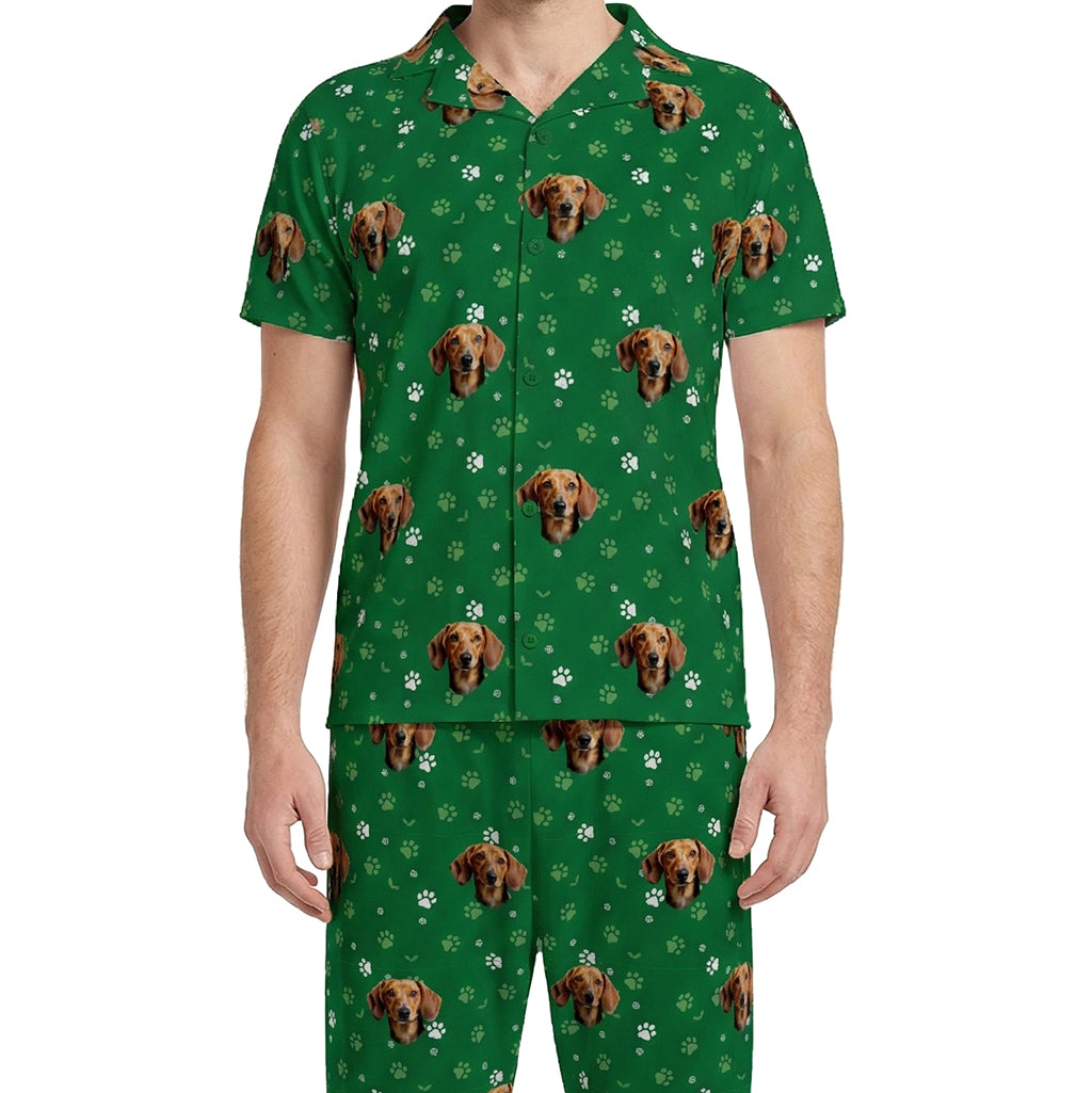 訂製寵物臉短袖睡衣和褲子/綠色爪印