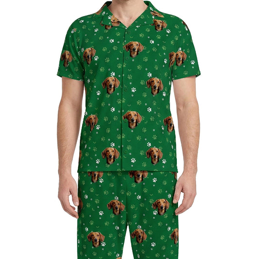 訂製寵物臉短袖睡衣和褲子/綠色爪印