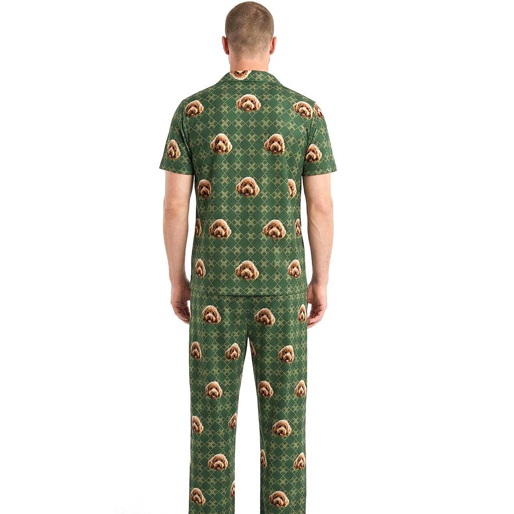 Custom Pet Face Short Sleeve Pajamas Shirt & Pants / Green Squares