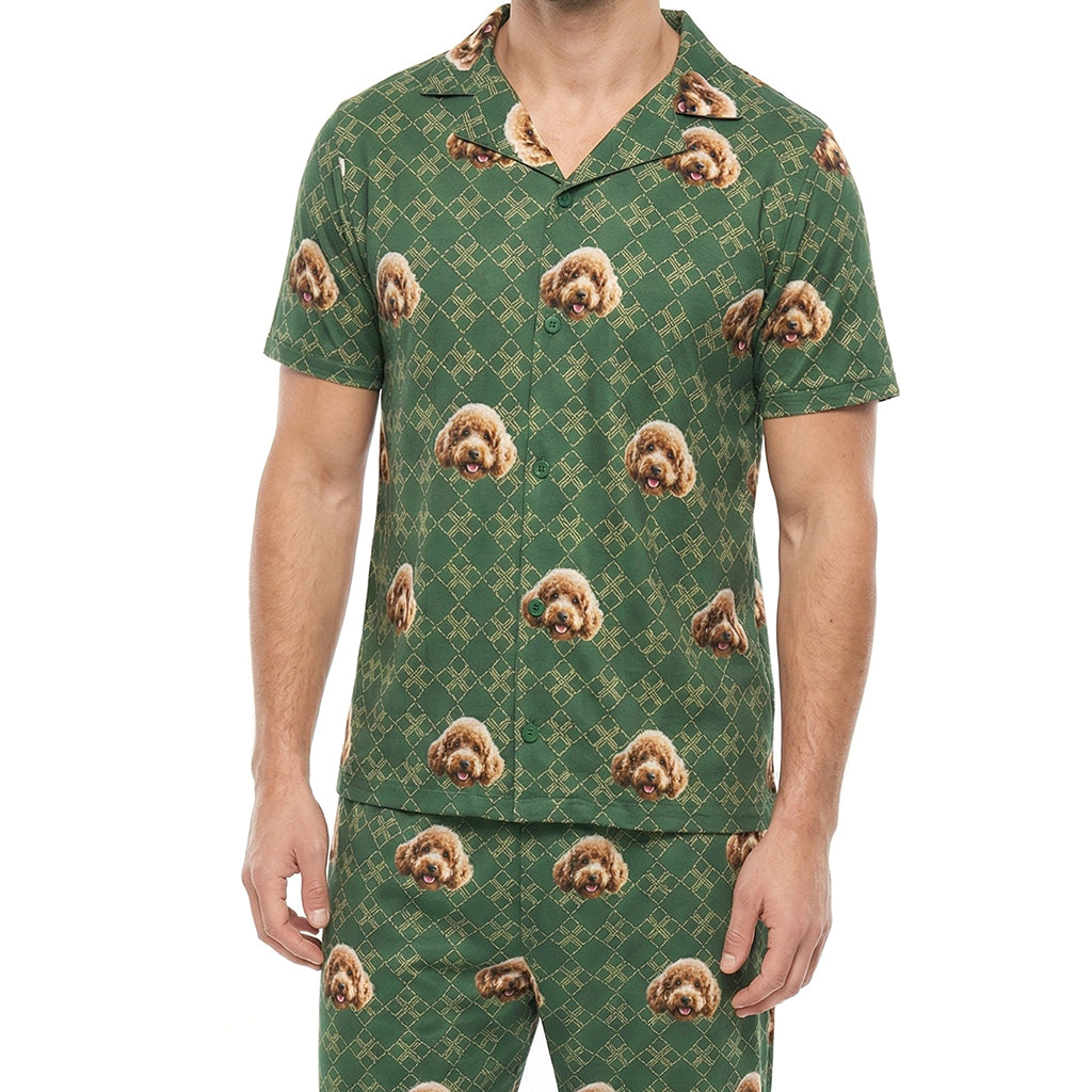 Custom Pet Face Short Sleeve Pajamas Shirt & Pants / Green Squares