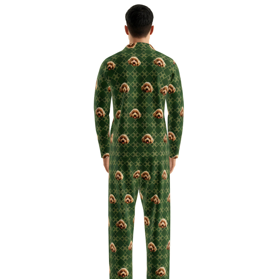 Custom Pet Face Long Sleeve Pajamas Shirt & Pants / Green Square