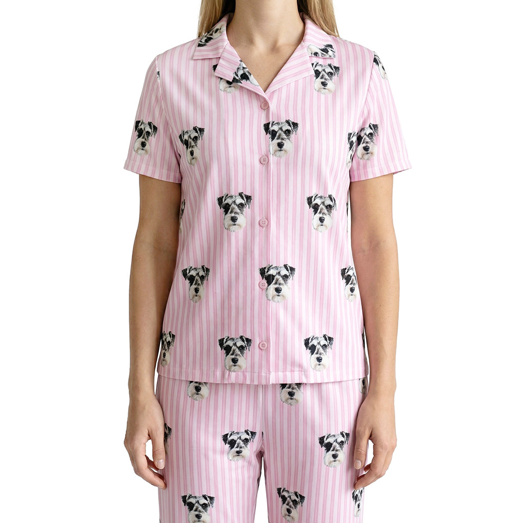 訂製寵物臉短袖睡衣套裝/粉紅色條紋