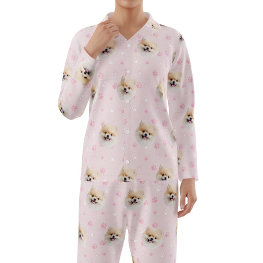 訂製寵物臉長袖睡衣和褲子 / 粉紅色爪印
