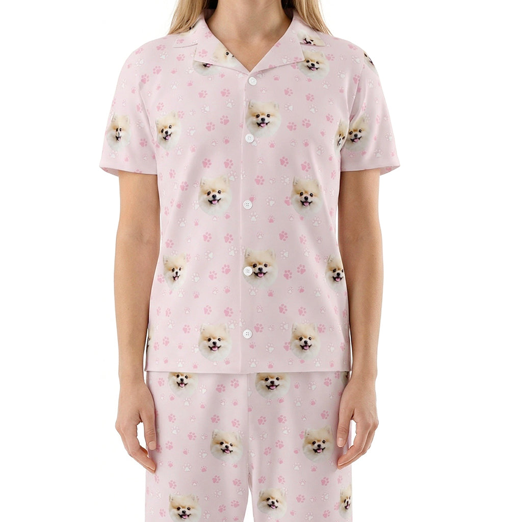 訂製寵物臉短袖睡衣和褲子 / 粉紅色爪印