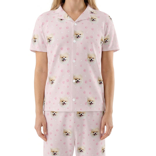 訂製寵物臉短袖睡衣和褲子 / 粉紅色爪印