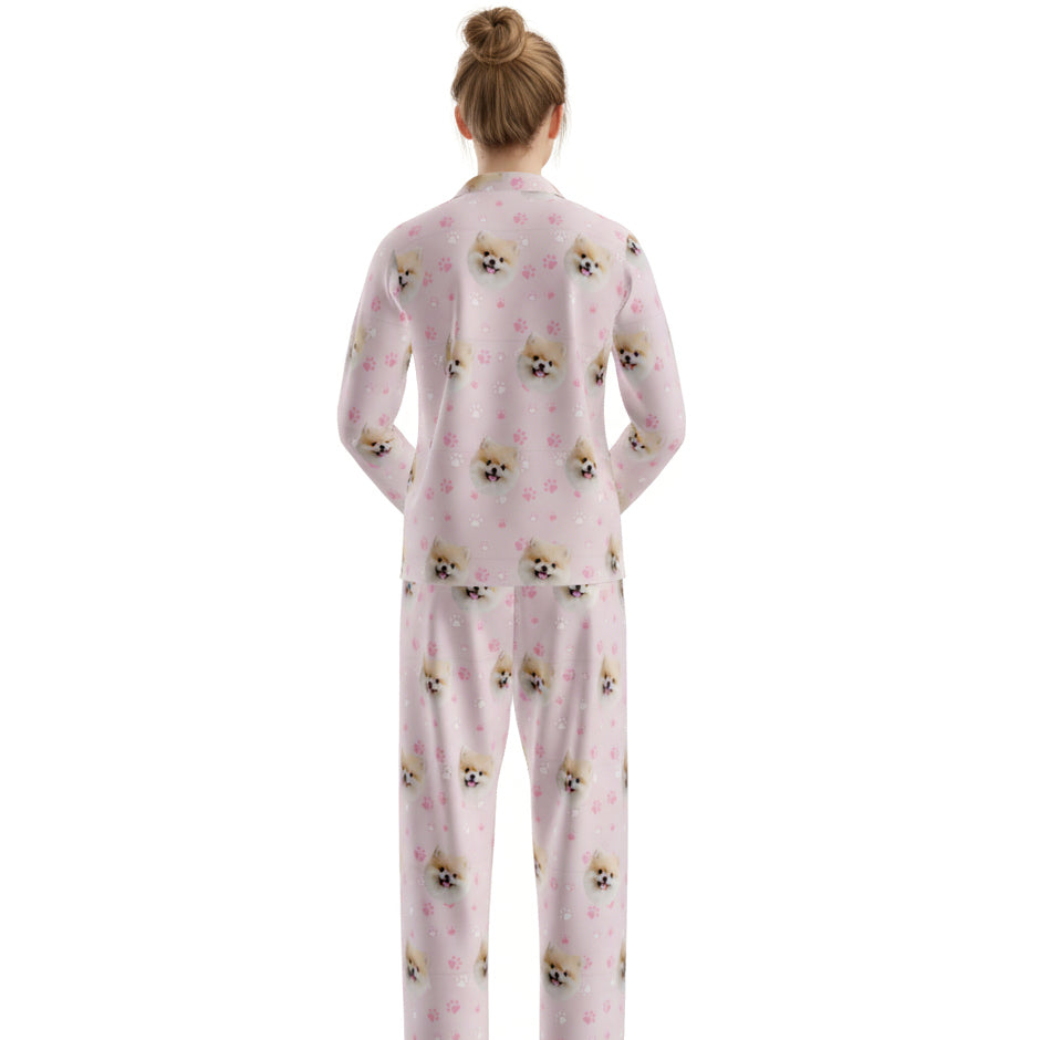 訂製寵物臉長袖睡衣和褲子 / 粉紅色爪印