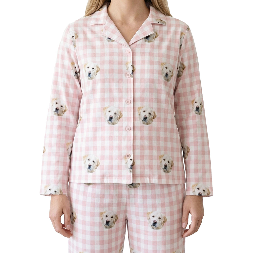 Custom Pet Face Long Sleeve Pajamas Shirt & Pants / Pink Square