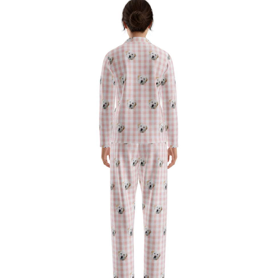Custom Pet Face Long Sleeve Pajamas Shirt & Pants / Pink Square