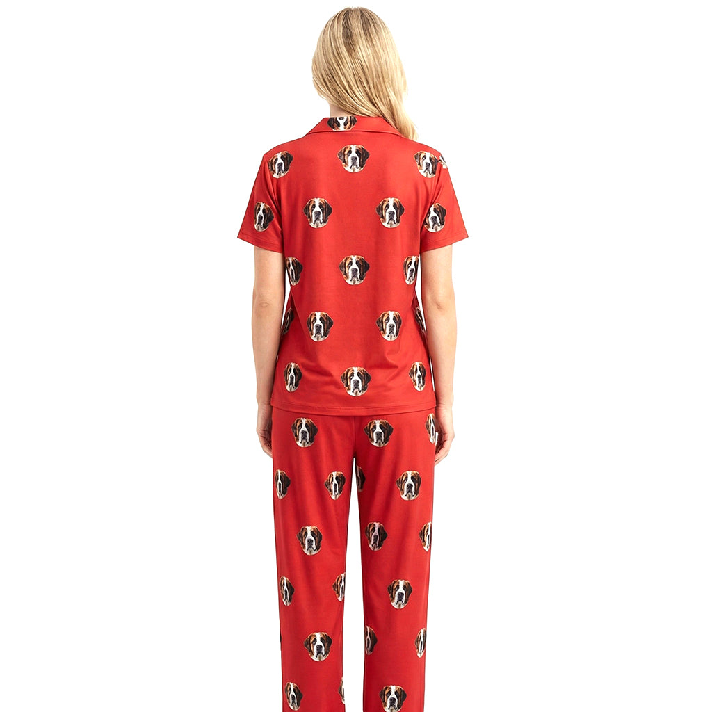 Custom Pet Face Short Sleeve Pajamas Shirt & Pants / Red