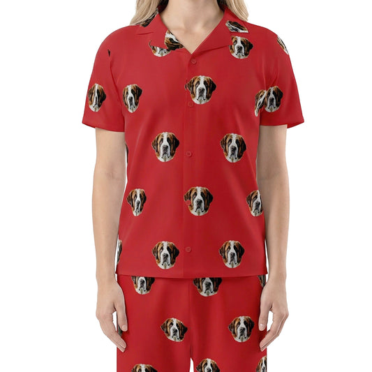 訂製寵物臉圖案短袖睡衣套裝（紅色） 