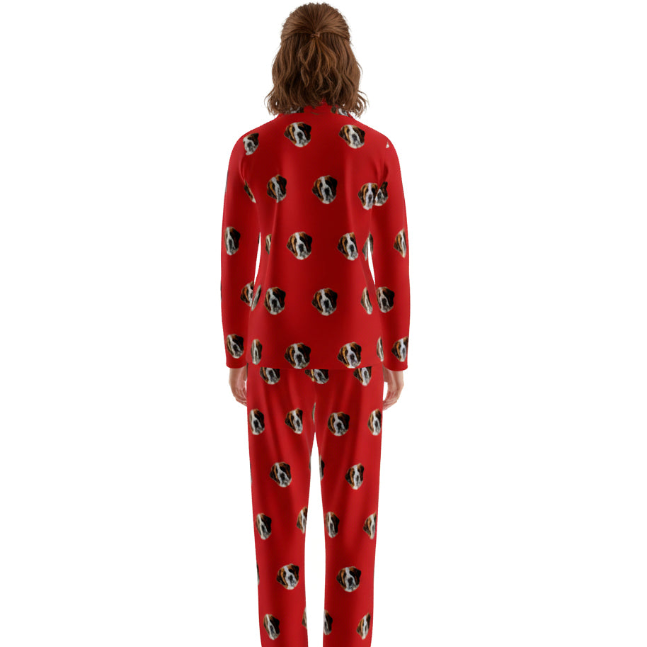 Custom Pet Face Long Sleeve Pajamas Shirt & Pants / Red