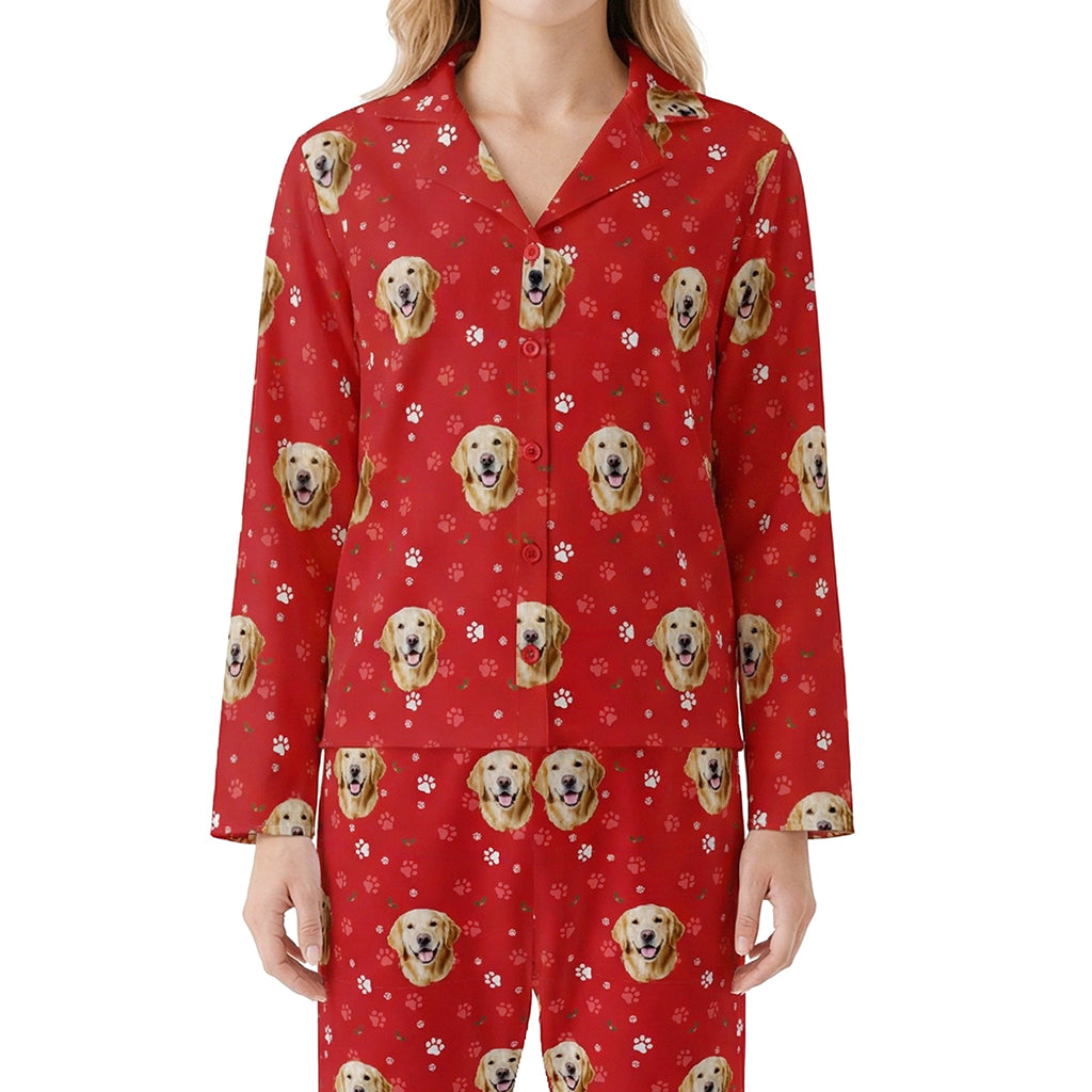 Red pajama set with dog pattern on a white background