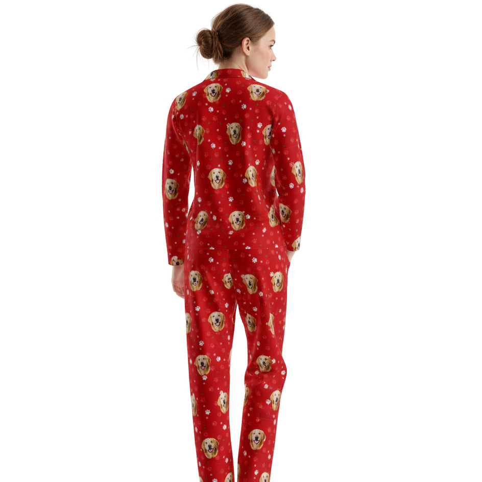 Custom Pet Face Long Sleeve Pajamas Shirt & Pants / Red Pawz