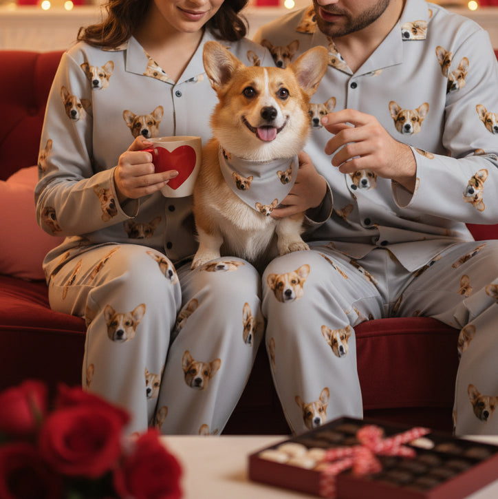 Two people in matching dog-themed pajamas with a corgi sitting between them on a couch.