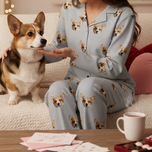 Person wearing corgi-patterned pajamas sitting on a couch with a corgi dog, surrounded by a cozy living room setting.