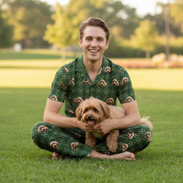 Man in a green patterned outfit sitting on grass with a dog