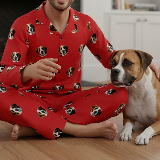 Man in red pajamas with dog pattern sitting on the floor with a dog.