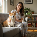 Woman in pajama with dog on a couch in a cozy living room