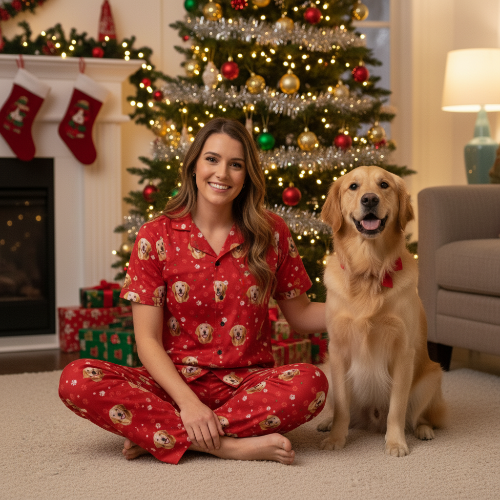 Woman in red pajamas with a dog in front of a Christmas tree and fireplace.