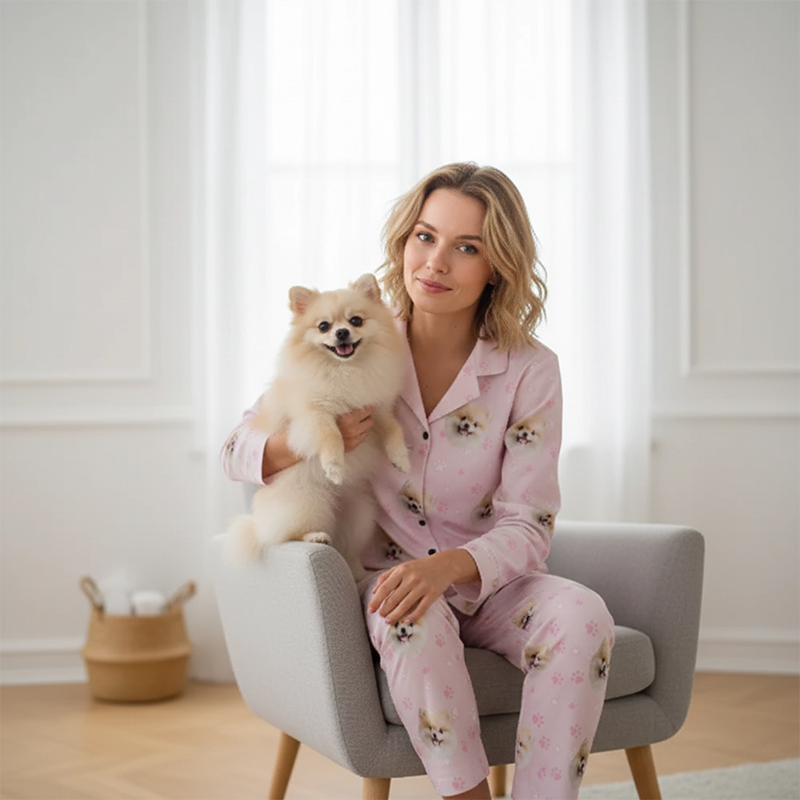 Woman in pink pajamas holding a small dog in a cozy living room.