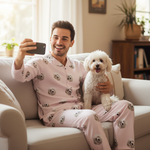 Man in pink pajamas with doggy print taking a selfie with a small white dog on a couch.