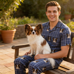 Man in blue pajamas with dog pattern holding a small dog on a bench outdoors.