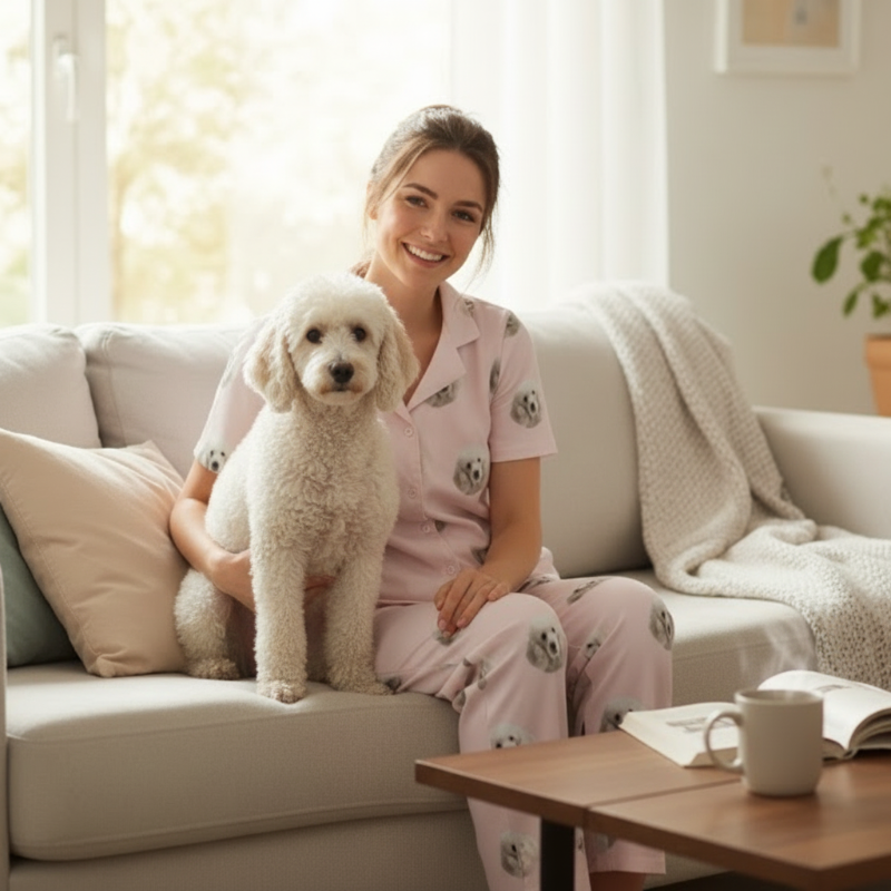 Woman in pajamas holding a small white dog on a couch in a cozy living room.