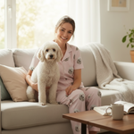 Woman in pajamas holding a small white dog on a couch in a cozy living room.